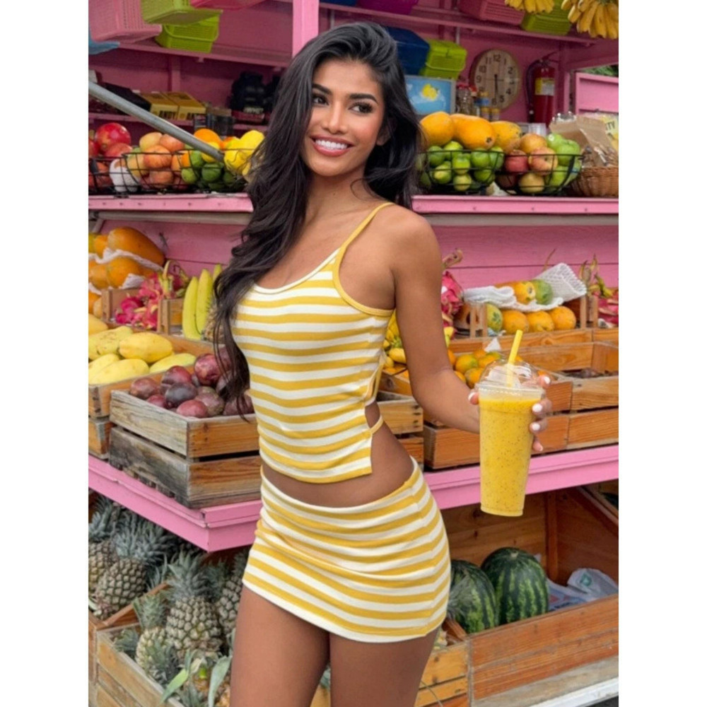 Zara Spring Vacation Style Striped Patchwork Cami Top Bodycon Skirt Set